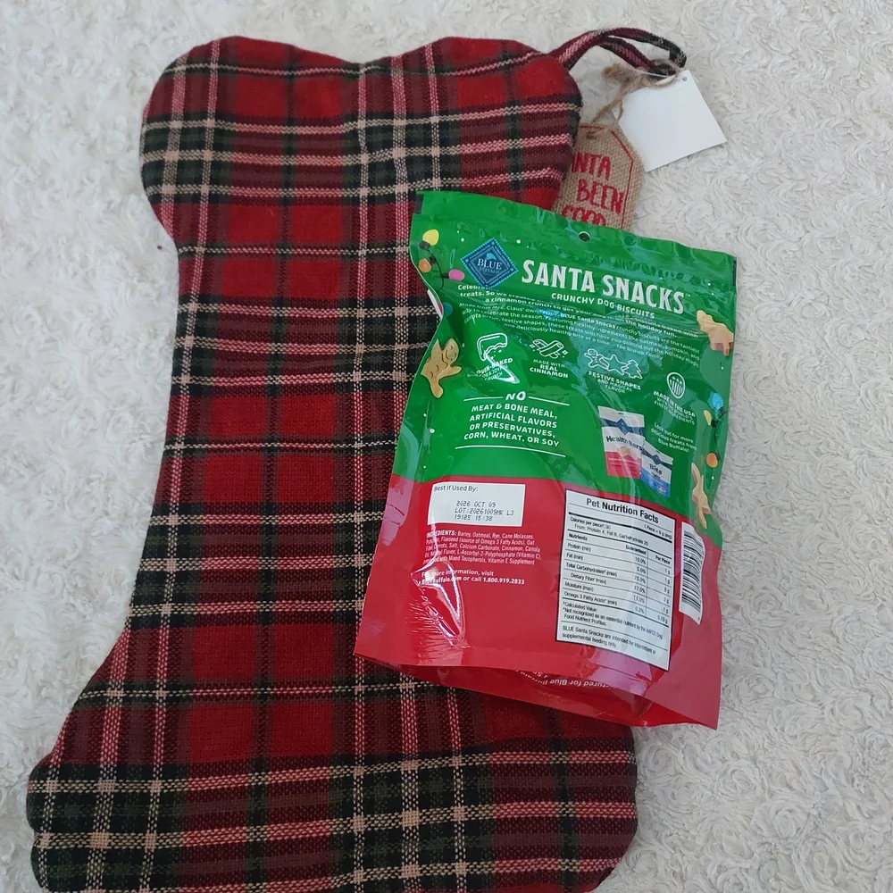 Red Plaid Bone Shaped Christmas Stocking and Blue Buffalo Dog Treats Snacks